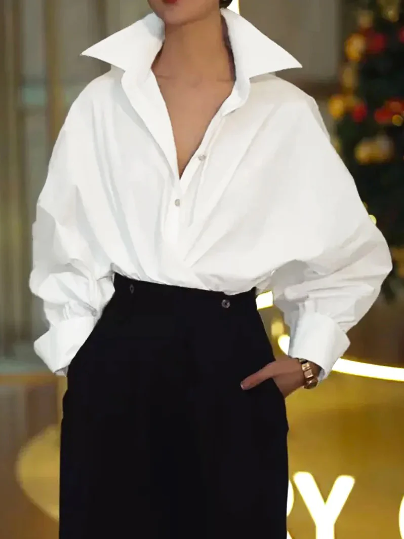 Batwing Sleeves Long Sleeves Buttoned Solid Color Lapel Blouses&Shirts Tops - Image 3