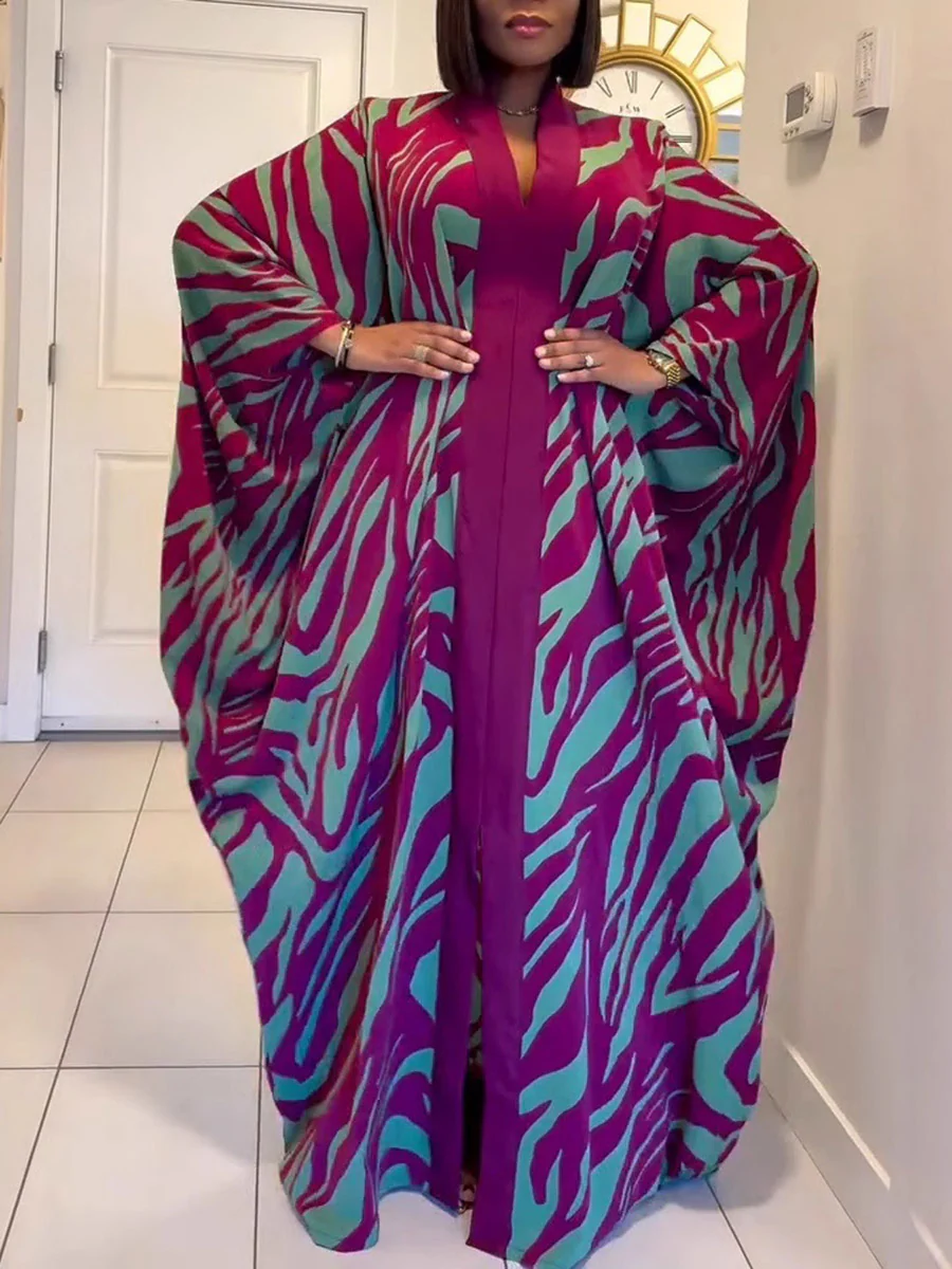 Batwing Sleeves Long Sleeves Contrast Color Printed Split-Front Split-Joint V-Neck Maxi Dresses - Image 2