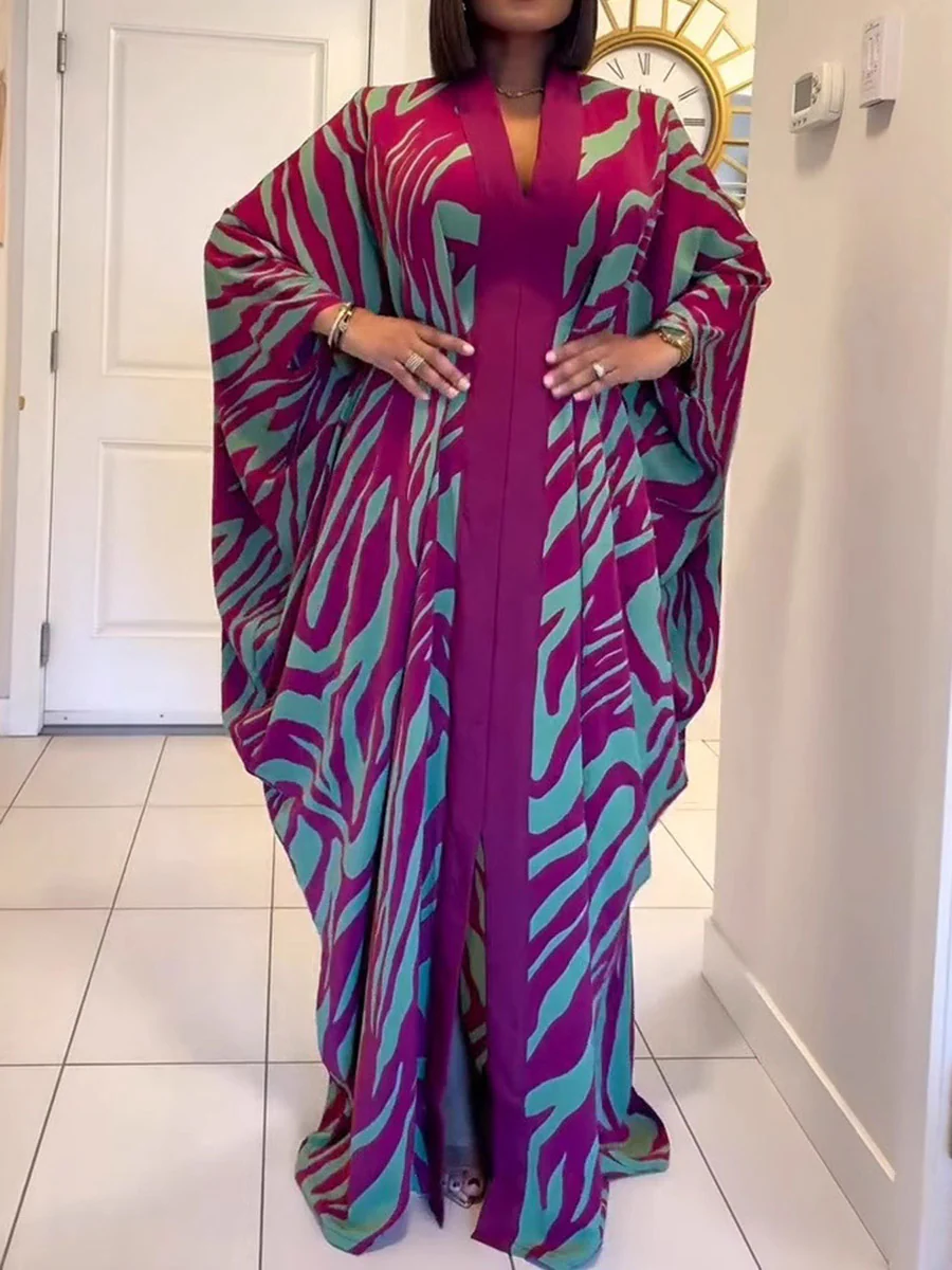 Batwing Sleeves Long Sleeves Contrast Color Printed Split-Front Split-Joint V-Neck Maxi Dresses - Image 3