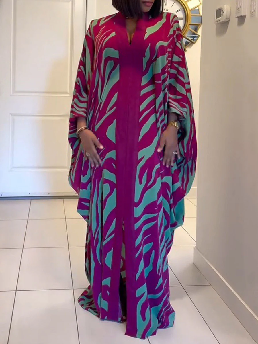Batwing Sleeves Long Sleeves Contrast Color Printed Split-Front Split-Joint V-Neck Maxi Dresses - Image 4