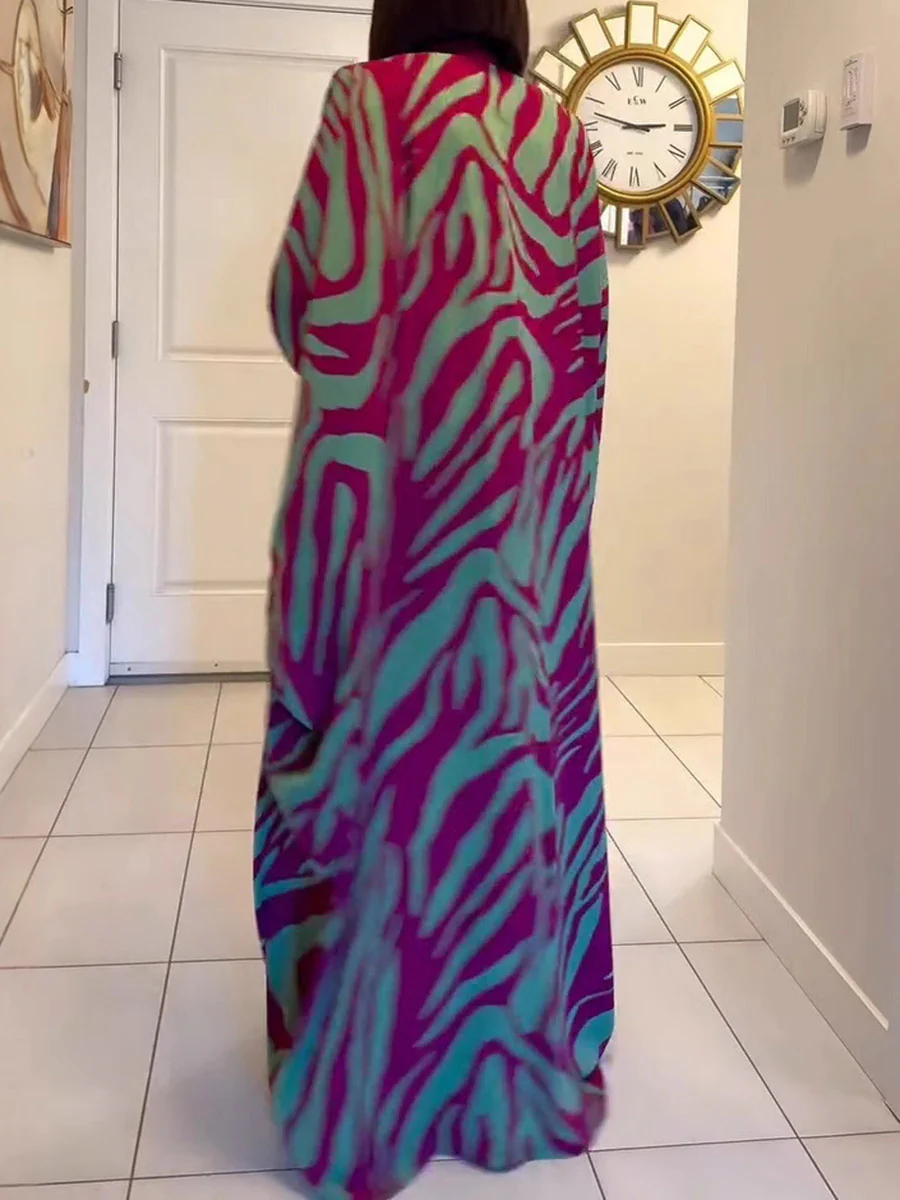 Batwing Sleeves Long Sleeves Contrast Color Printed Split-Front Split-Joint V-Neck Maxi Dresses - Image 5