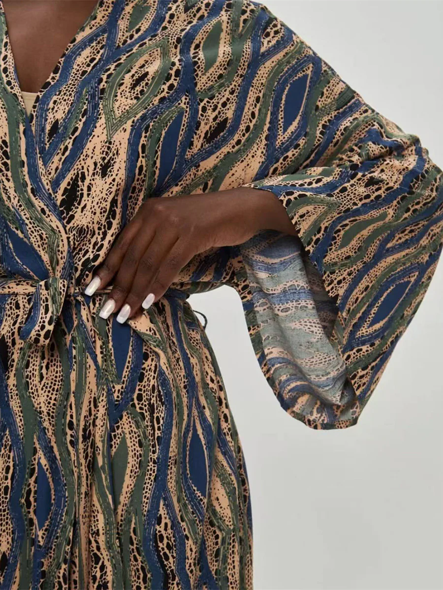 Batwing Sleeves Long Sleeves Contrast Color Printed Tied Waist Deep V-Neck Cover-Up - Image 10