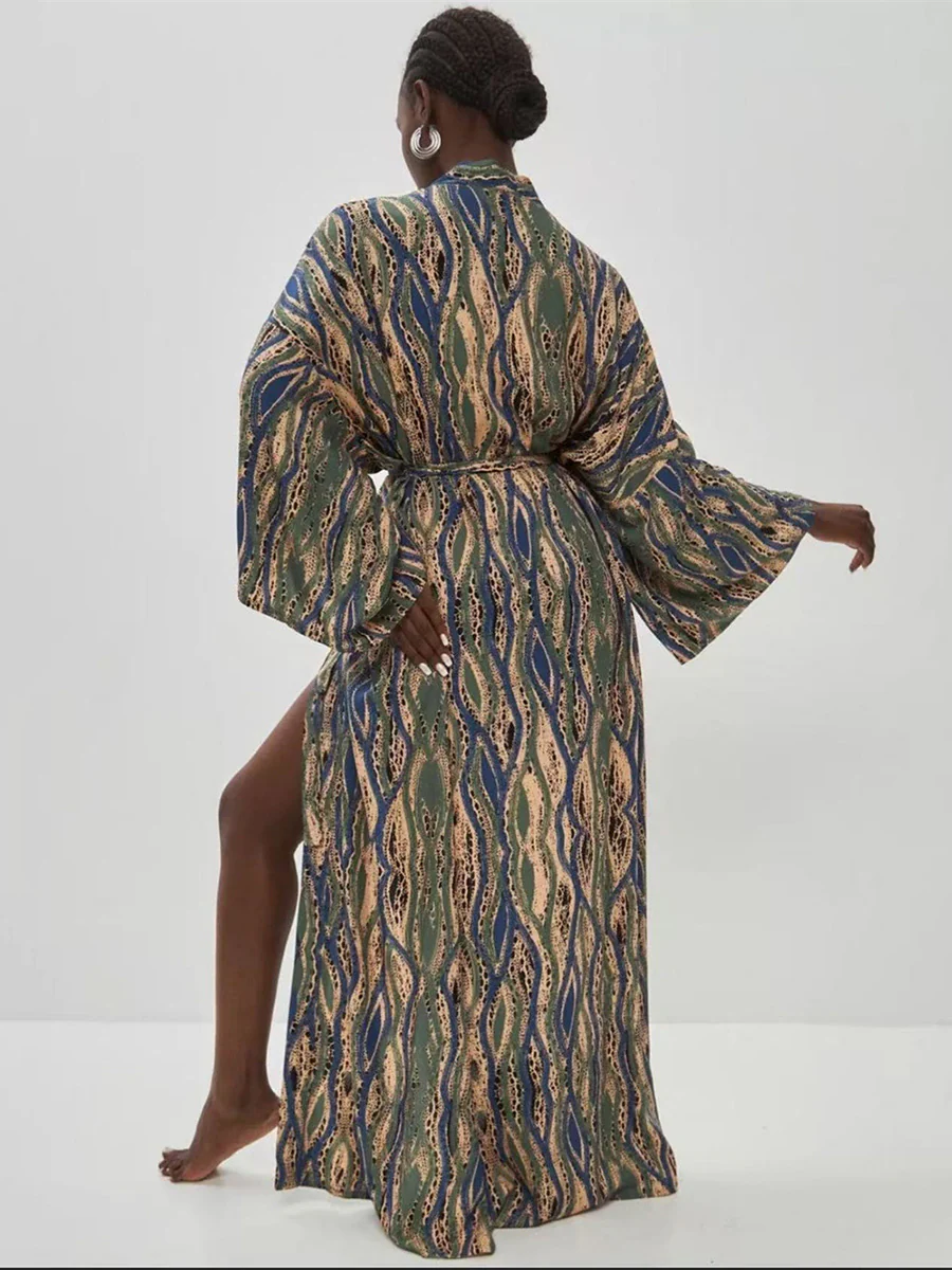 Batwing Sleeves Long Sleeves Contrast Color Printed Tied Waist Deep V-Neck Cover-Up - Image 8
