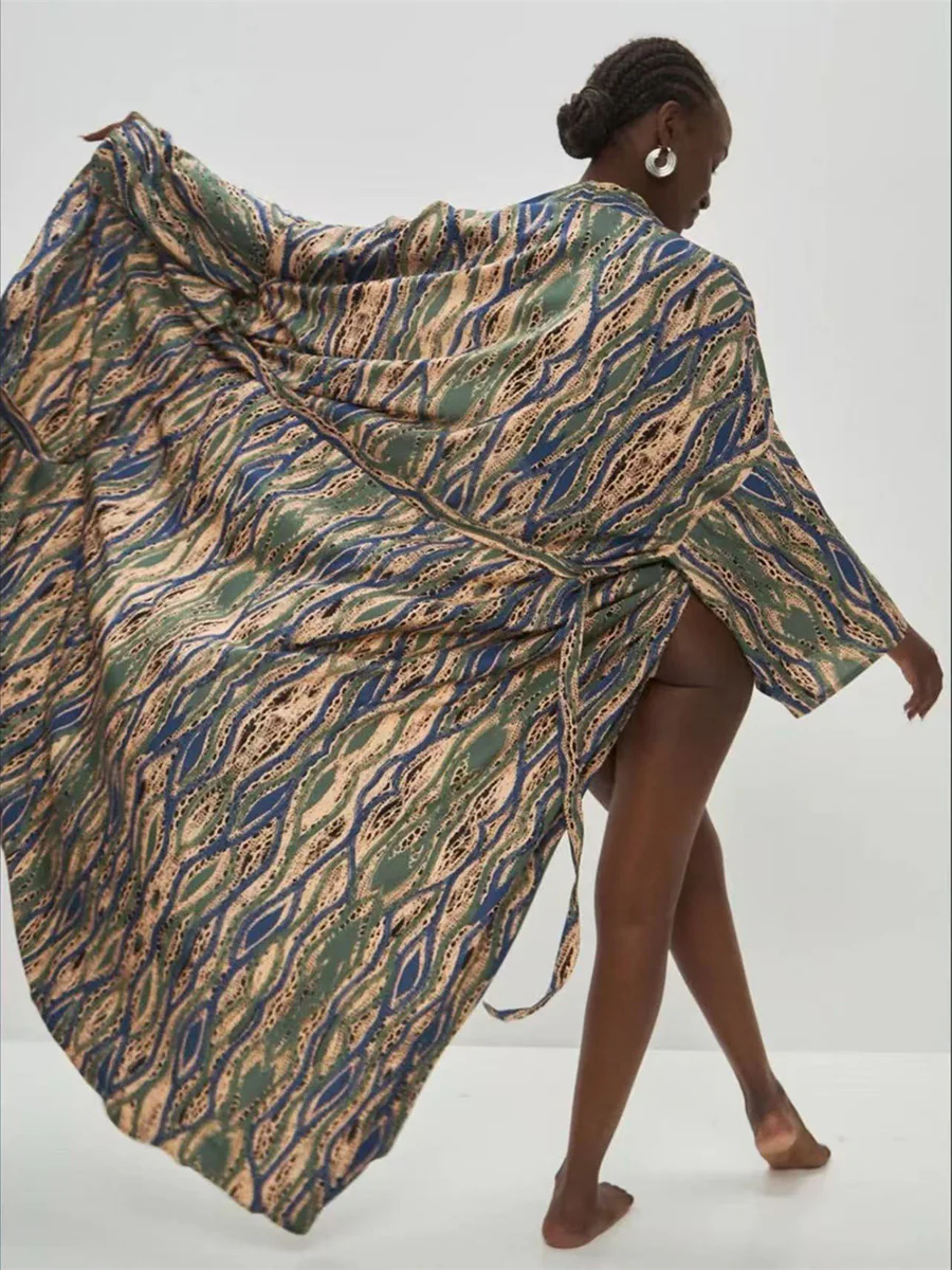 Batwing Sleeves Long Sleeves Contrast Color Printed Tied Waist Deep V-Neck Cover-Up - Image 9