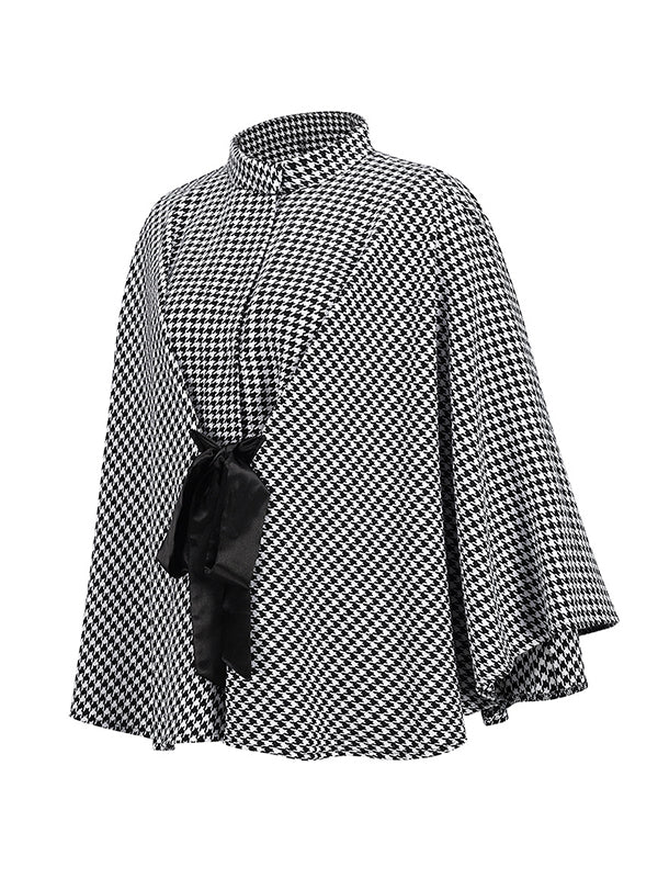 Batwing Sleeves Long Sleeves Houndstooth Tied Waist Stand Collar Cape Outerwear - Image 10