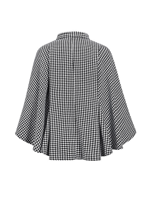 Batwing Sleeves Long Sleeves Houndstooth Tied Waist Stand Collar Cape Outerwear - Image 11