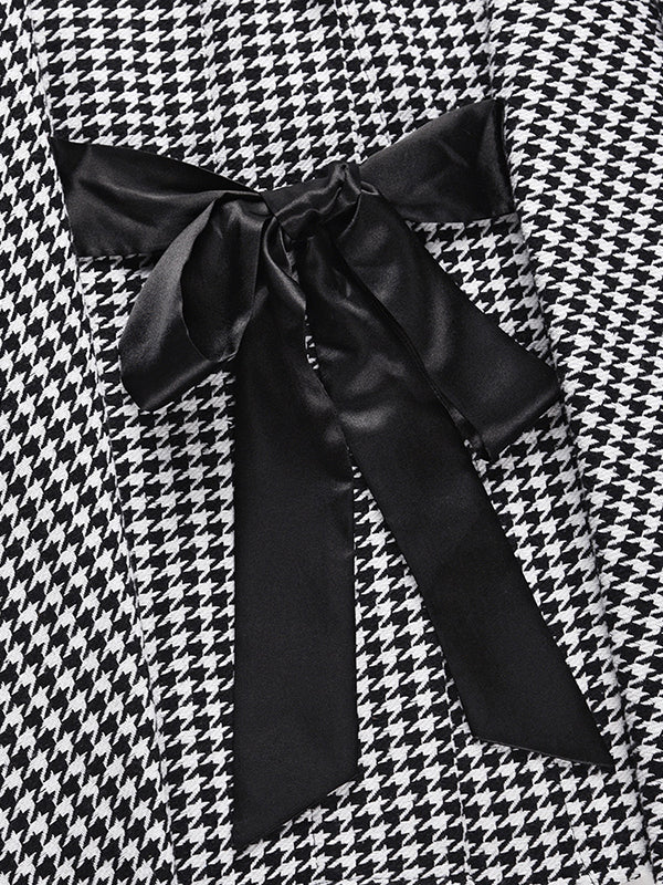 Batwing Sleeves Long Sleeves Houndstooth Tied Waist Stand Collar Cape Outerwear - Image 13