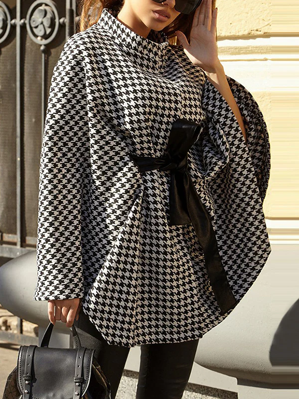 Batwing Sleeves Long Sleeves Houndstooth Tied Waist Stand Collar Cape Outerwear - Image 2