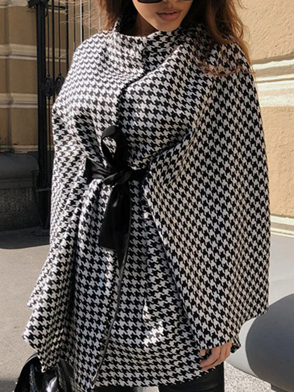 Batwing Sleeves Long Sleeves Houndstooth Tied Waist Stand Collar Cape Outerwear - Image 3
