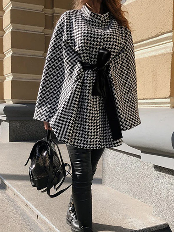 Batwing Sleeves Long Sleeves Houndstooth Tied Waist Stand Collar Cape Outerwear - Image 6