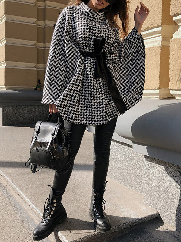 Batwing Sleeves Long Sleeves Houndstooth Tied Waist Stand Collar Cape Outerwear - Image 8