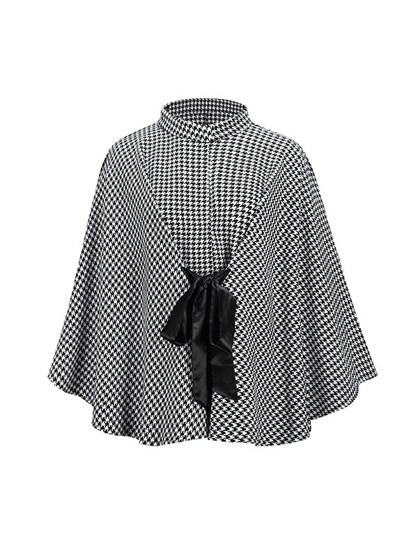 Batwing Sleeves Long Sleeves Houndstooth Tied Waist Stand Collar Cape Outerwear - Image 9