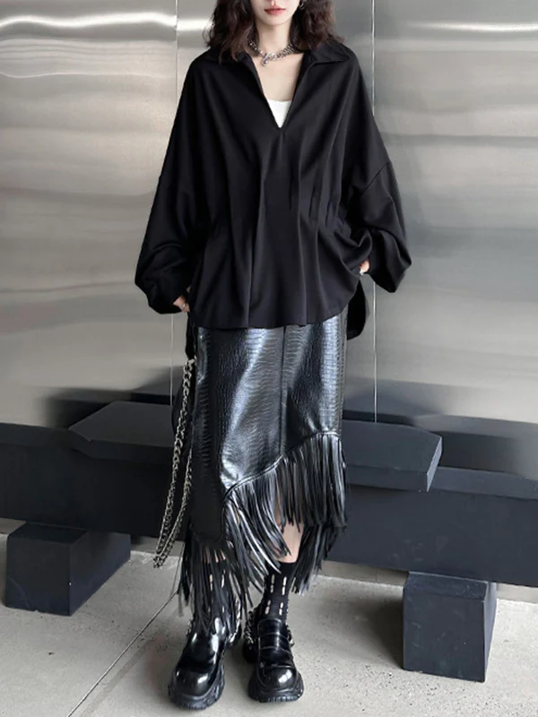 Batwing Sleeves Long Sleeves Pleated Solid Color Deep V-Neck Blouses&Shirts Tops - Image 10