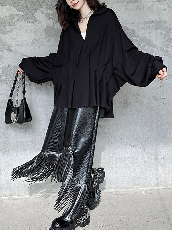 Batwing Sleeves Long Sleeves Pleated Solid Color Deep V-Neck Blouses&Shirts Tops - Image 11