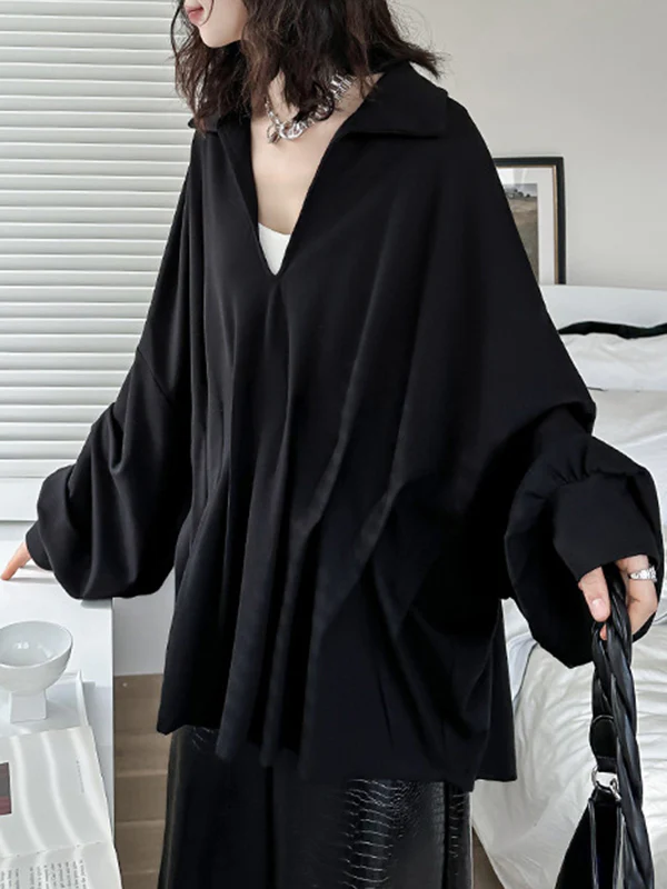 Batwing Sleeves Long Sleeves Pleated Solid Color Deep V-Neck Blouses&Shirts Tops - Image 14