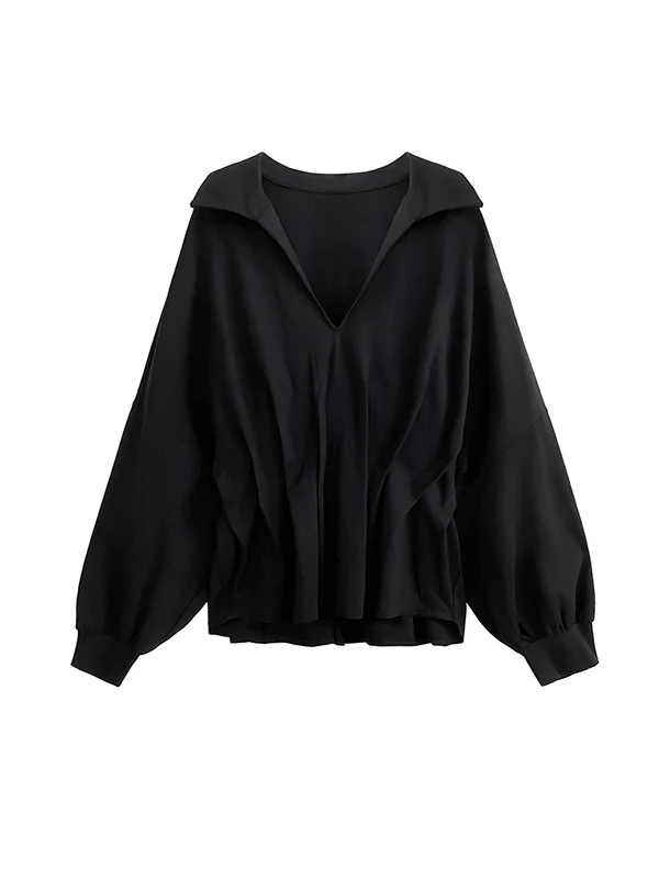 Batwing Sleeves Long Sleeves Pleated Solid Color Deep V-Neck Blouses&Shirts Tops - Image 15