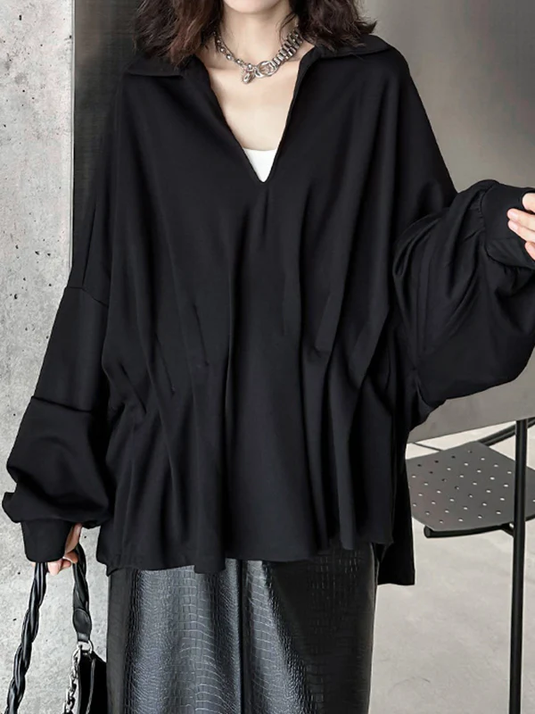 Batwing Sleeves Long Sleeves Pleated Solid Color Deep V-Neck Blouses&Shirts Tops - Image 3
