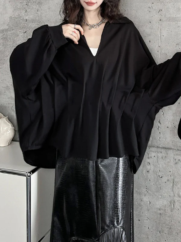 Batwing Sleeves Long Sleeves Pleated Solid Color Deep V-Neck Blouses&Shirts Tops - Image 4