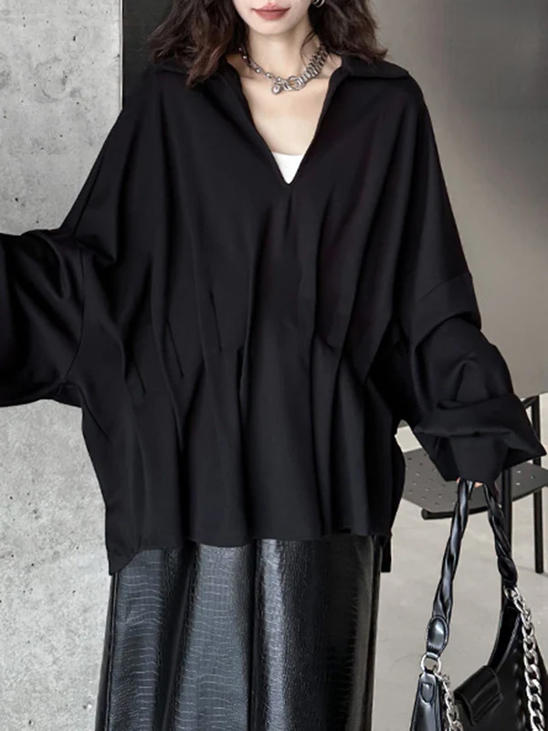 Batwing Sleeves Long Sleeves Pleated Solid Color Deep V-Neck Blouses&Shirts Tops - Image 5