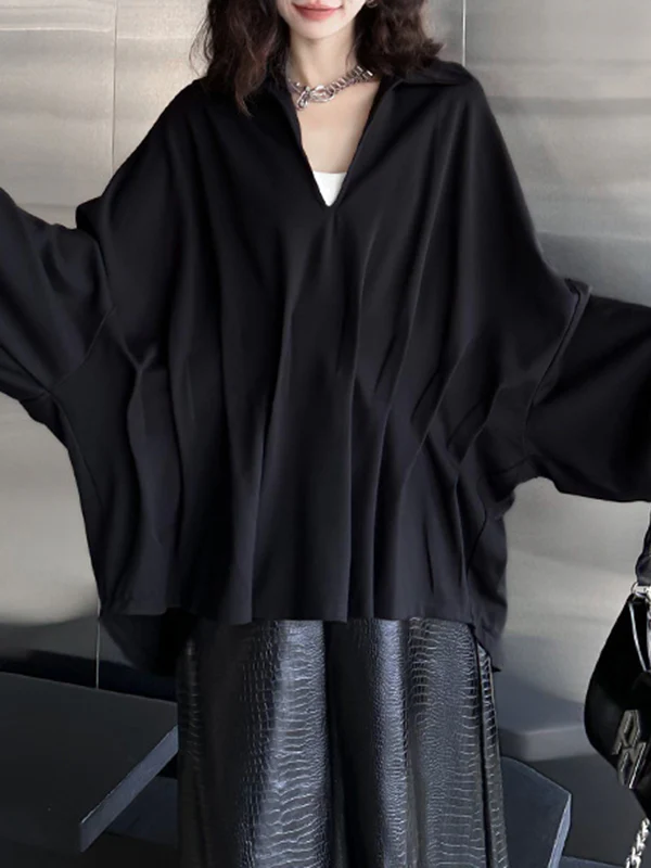Batwing Sleeves Long Sleeves Pleated Solid Color Deep V-Neck Blouses&Shirts Tops - Image 6