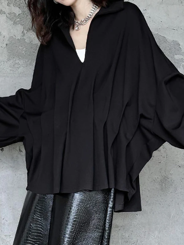Batwing Sleeves Long Sleeves Pleated Solid Color Deep V-Neck Blouses&Shirts Tops - Image 7