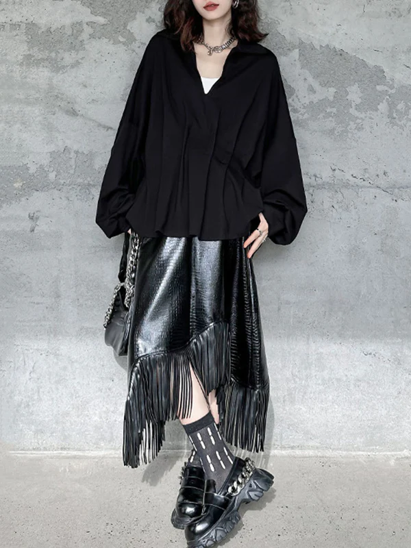 Batwing Sleeves Long Sleeves Pleated Solid Color Deep V-Neck Blouses&Shirts Tops - Image 9
