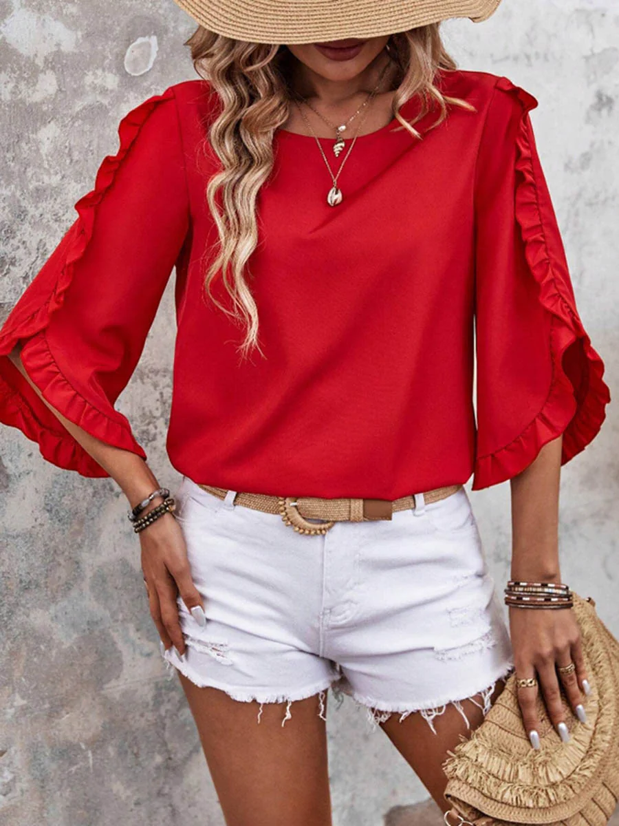 Batwing Sleeves Long Sleeves Ruffled Solid Color Split-Joint Round-Neck Blouses&Shirts Tops - Image 15