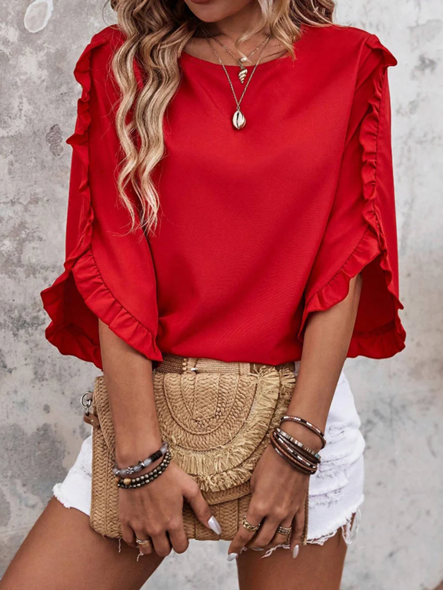 Batwing Sleeves Long Sleeves Ruffled Solid Color Split-Joint Round-Neck Blouses&Shirts Tops - Image 16