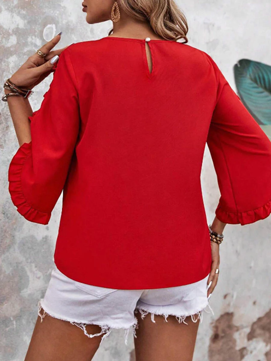 Batwing Sleeves Long Sleeves Ruffled Solid Color Split-Joint Round-Neck Blouses&Shirts Tops - Image 18