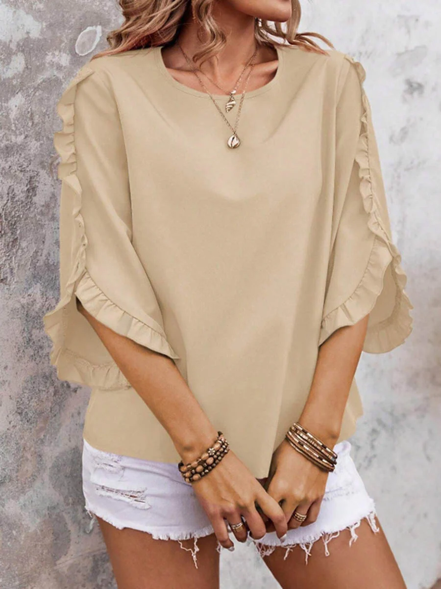 Batwing Sleeves Long Sleeves Ruffled Solid Color Split-Joint Round-Neck Blouses&Shirts Tops - Image 2