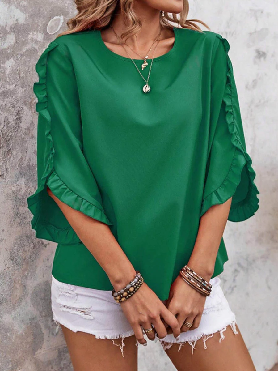 Batwing Sleeves Long Sleeves Ruffled Solid Color Split-Joint Round-Neck Blouses&Shirts Tops - Image 3