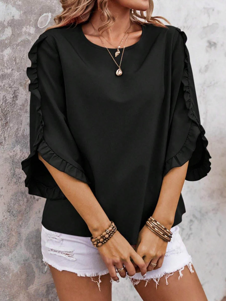 Batwing Sleeves Long Sleeves Ruffled Solid Color Split-Joint Round-Neck Blouses&Shirts Tops - Image 4