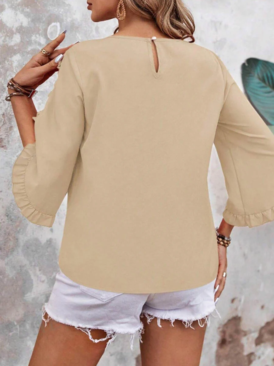 Batwing Sleeves Long Sleeves Ruffled Solid Color Split-Joint Round-Neck Blouses&Shirts Tops - Image 9