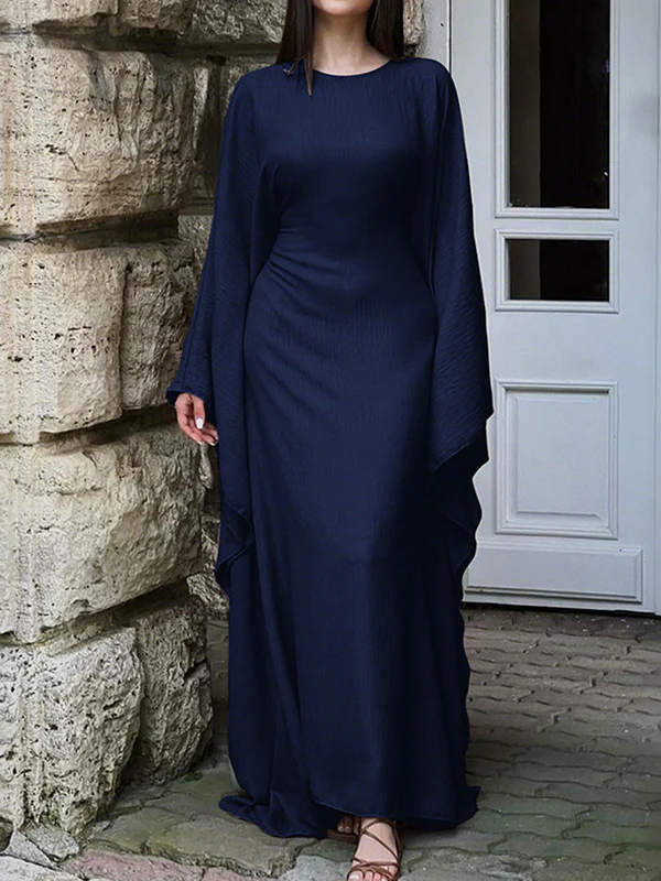 Batwing Sleeves Long Sleeves Solid Color Round-Neck Maxi Dresses