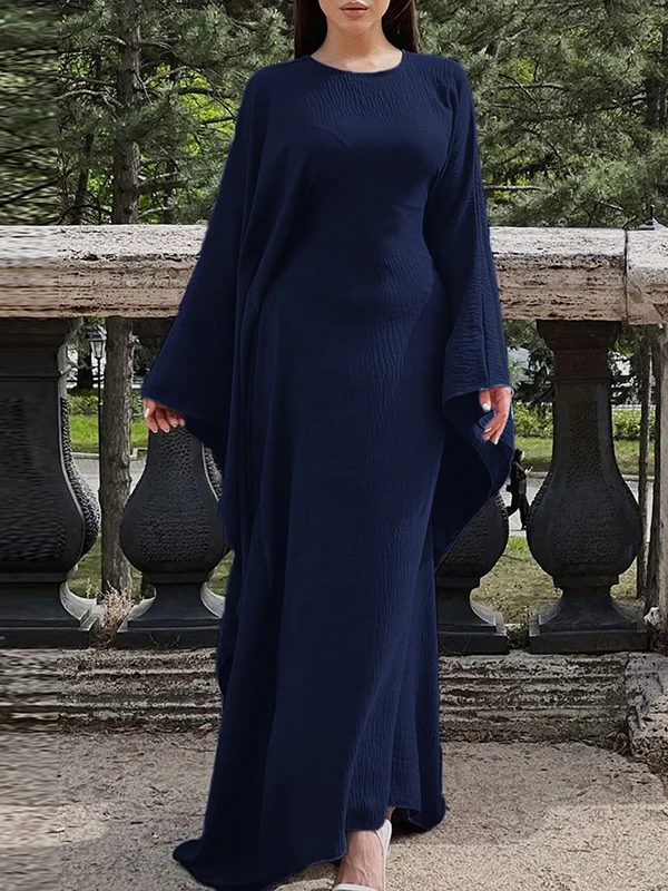 Batwing Sleeves Long Sleeves Solid Color Round-Neck Maxi Dresses - Image 12