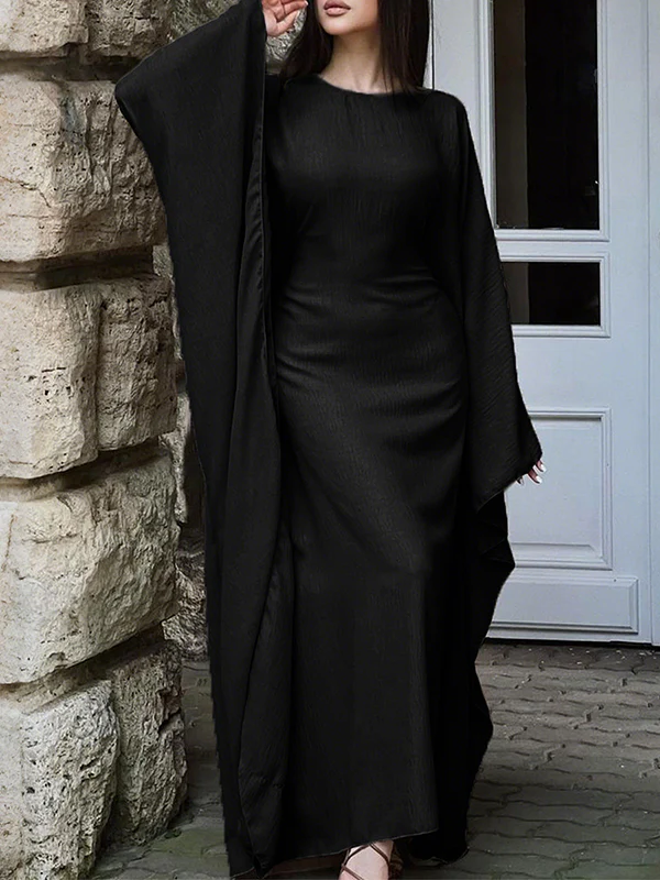 Batwing Sleeves Long Sleeves Solid Color Round-Neck Maxi Dresses - Image 2