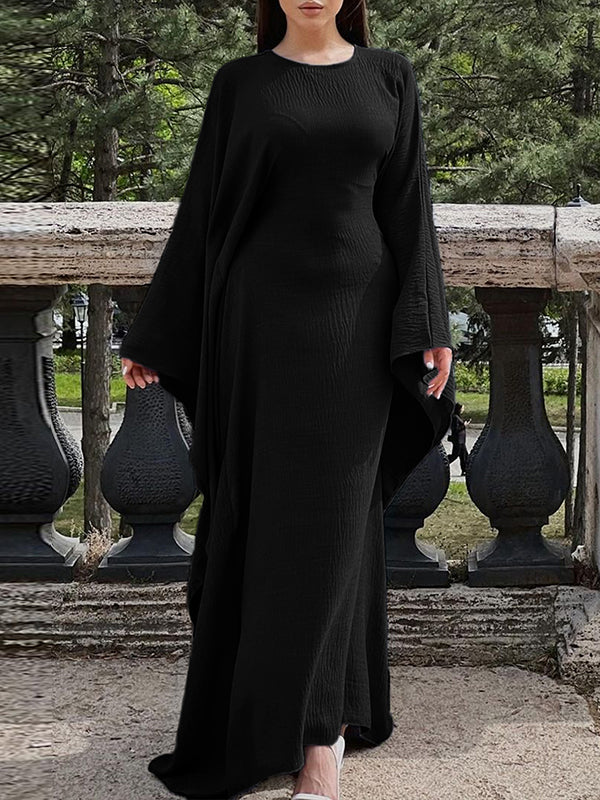 Batwing Sleeves Long Sleeves Solid Color Round-Neck Maxi Dresses - Image 3