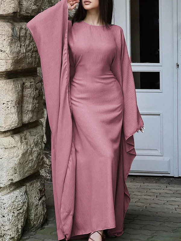 Batwing Sleeves Long Sleeves Solid Color Round-Neck Maxi Dresses - Image 6