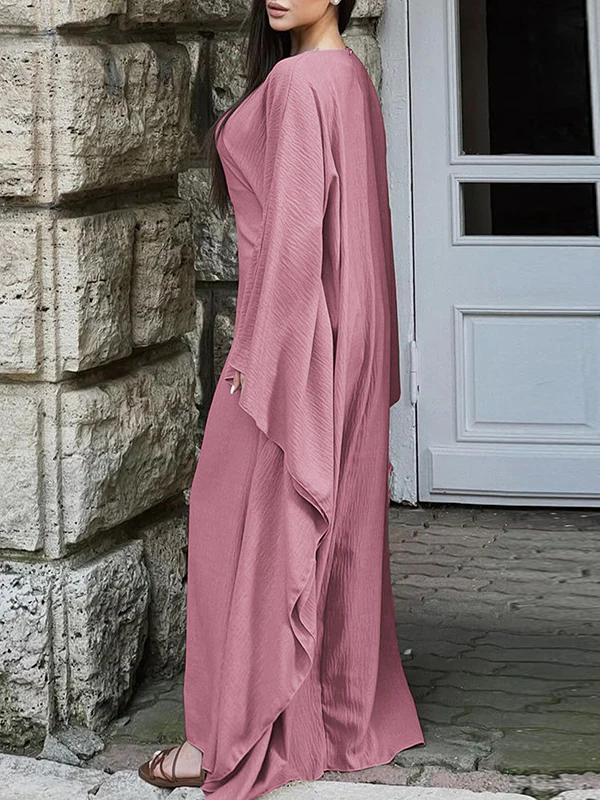 Batwing Sleeves Long Sleeves Solid Color Round-Neck Maxi Dresses - Image 7