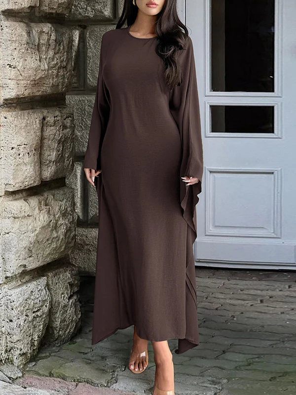 Batwing Sleeves Long Sleeves Solid Color Round-Neck Maxi Dresses - Image 9