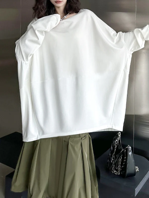 Batwing Sleeves Long Sleeves Solid Color Round-neck T-Shirts Tops - Image 10
