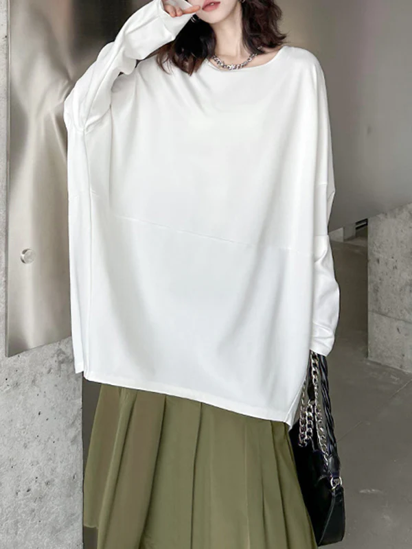 Batwing Sleeves Long Sleeves Solid Color Round-neck T-Shirts Tops - Image 11
