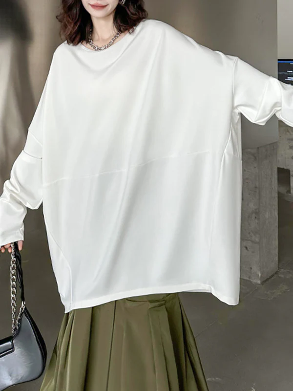 Batwing Sleeves Long Sleeves Solid Color Round-neck T-Shirts Tops - Image 12