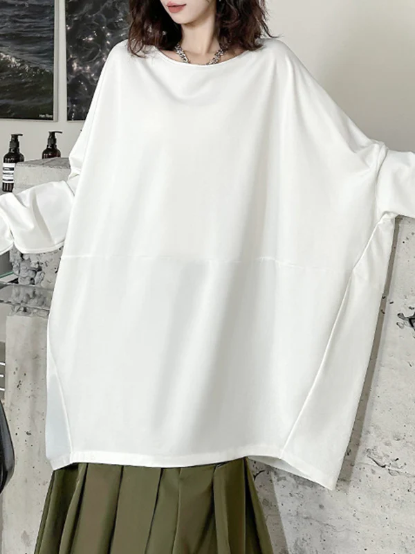 Batwing Sleeves Long Sleeves Solid Color Round-neck T-Shirts Tops - Image 13