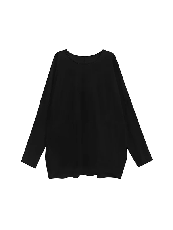 Batwing Sleeves Long Sleeves Solid Color Round-neck T-Shirts Tops - Image 15