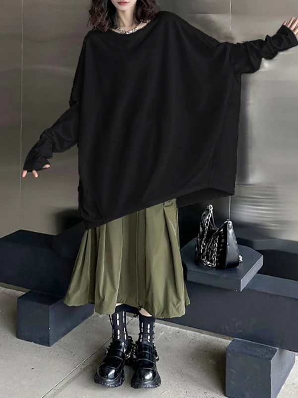 Batwing Sleeves Long Sleeves Solid Color Round-neck T-Shirts Tops - Image 2