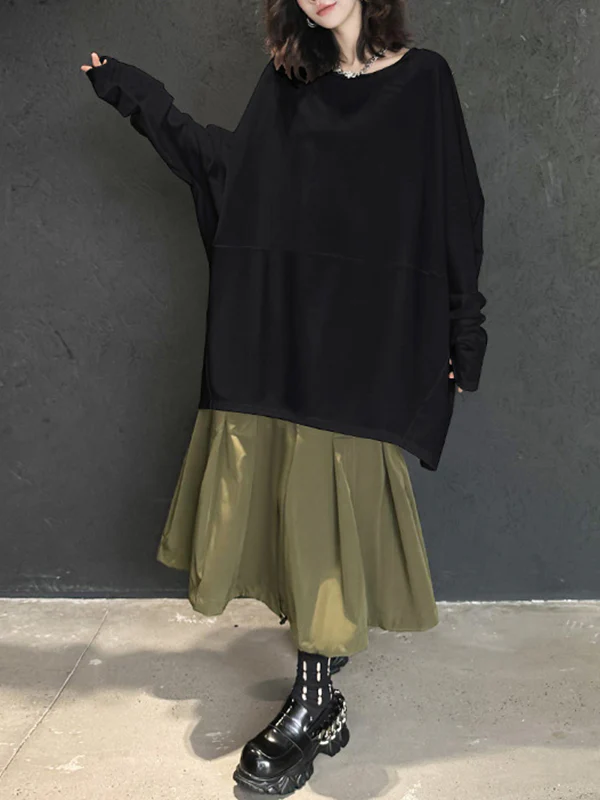 Batwing Sleeves Long Sleeves Solid Color Round-neck T-Shirts Tops - Image 3