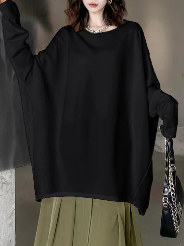 Batwing Sleeves Long Sleeves Solid Color Round-neck T-Shirts Tops - Image 4