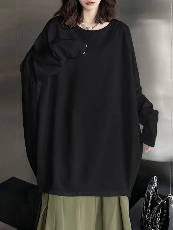 Batwing Sleeves Long Sleeves Solid Color Round-neck T-Shirts Tops - Image 5