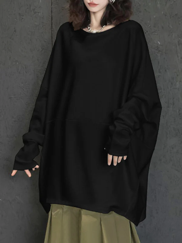 Batwing Sleeves Long Sleeves Solid Color Round-neck T-Shirts Tops - Image 6